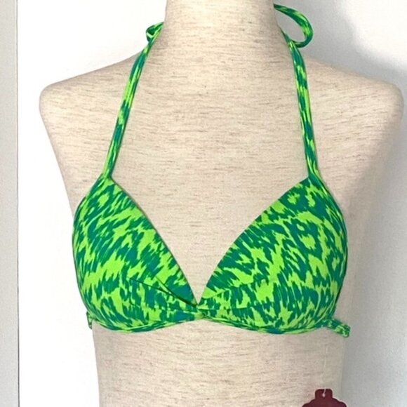 SO Bikini Swimsuit Halter Top Junior Sz XS Neon Animal Print Green Ruched Center - Picture 3 of 13